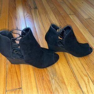Women's Black Wedge Ankle Boots with open toe.